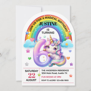 Invitation Cute Rainbow et Unicorn 6e fête d'anniversaire