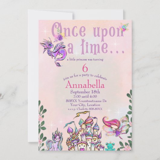 Invitation Cute Rainbow Fairy Tale Unicorn et Château (Devant)