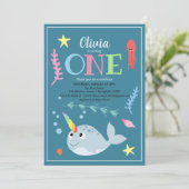 Invitation Cute Rainbow Narwhal Océan et nom 1er anniversaire (Debout devant)