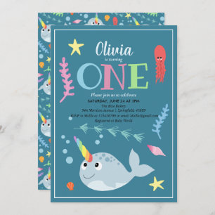 Invitation Cute Rainbow Narwhal Océan et nom 1er anniversaire
