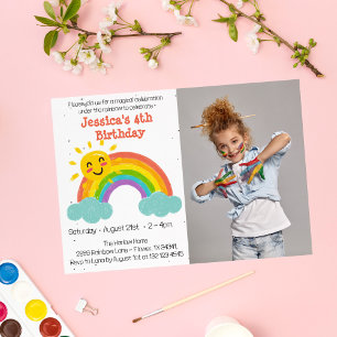 Invitation Cute Rainbow Nuages Enfants Photo Anniversaire
