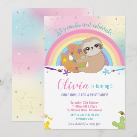 Invitation Cute Rainbow Sloth Art Paint Birthday Girl (Devant / Derrière)