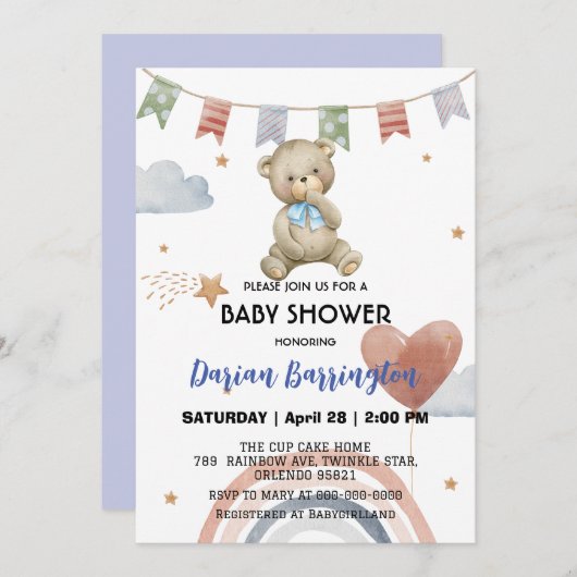 Invitation Cute Rainbow teddy Bear ballon bébé garçon douche (Devant / Derrière)