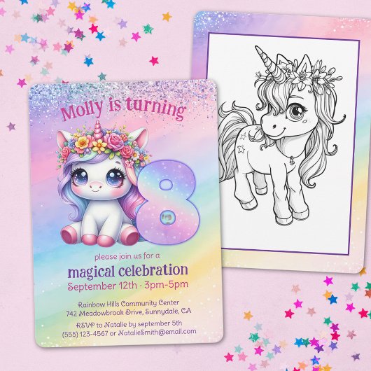Invitation Cute Rainbow Unicorn 8e anniversaire magique