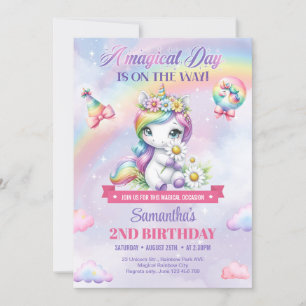 Invitation Cute Rainbow Unicorn avec fleurs 2e anniversaire
