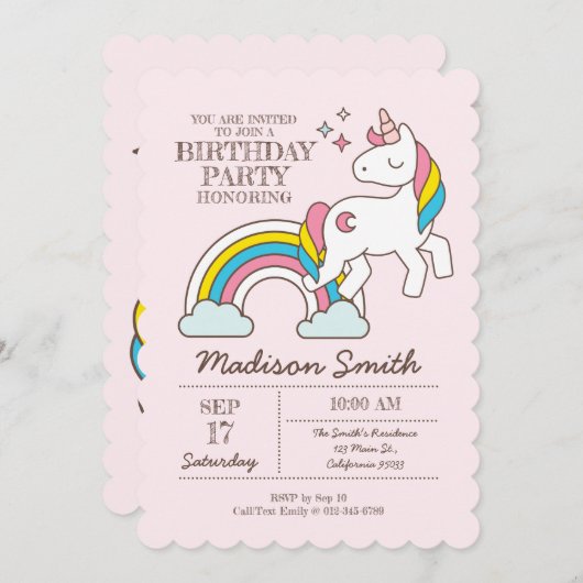 Invitation Cute Rainbow Unicorn Éclats Anniversaire Invitatio (Devant / Derrière)