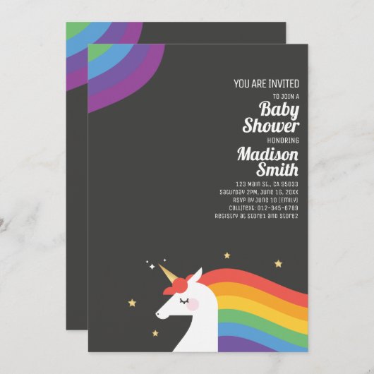 Invitation Cute Rainbow Unicorn et Baby shower des étoiles (Devant / Derrière)