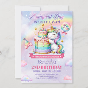 Invitation Cute Rainbow Unicorn Et cake girl deuxième anniver