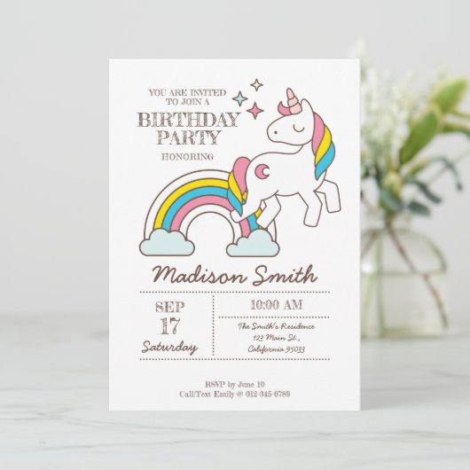 Invitation Cute Rainbow Unicorn Et Étincelles Anniversaire (Debout devant)
