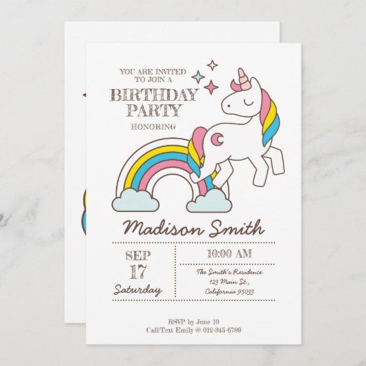 Invitation Cute Rainbow Unicorn Et Étincelles Anniversaire (Devant / Derrière)