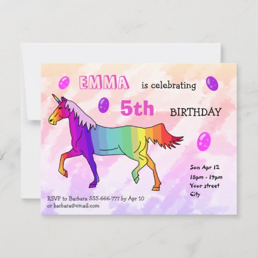 Invitation Cute Rainbow Unicorn Fille fête d'anniversaire (Devant)
