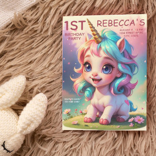 Invitation Cute Rainbow Unicorn Girl 1er anniversaire fête