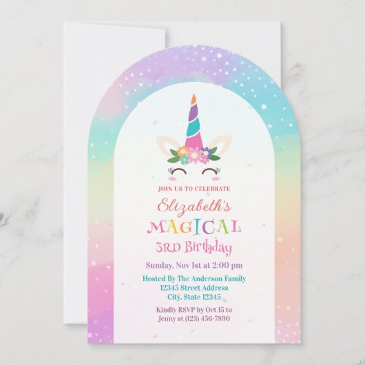 Invitation Cute Rainbow Unicorn Magique fête d'anniversaire (Devant)