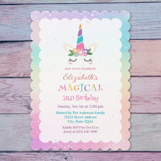 Invitation Cute Rainbow Unicorn Magique fête d'anniversaire