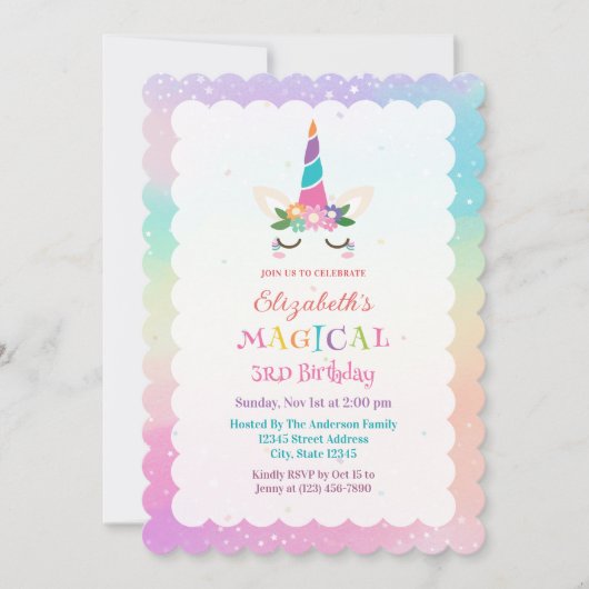 Invitation Cute Rainbow Unicorn Magique fête d'anniversaire (Devant)