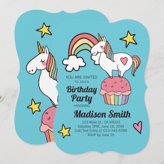 Invitation Cute Rainbow Unicorn Stars Coeurs Anniversaire Fêt (Devant / Derrière)
