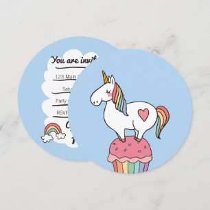 Invitation Cute Rainbow Unicorn sur Anniversaire Cupcake