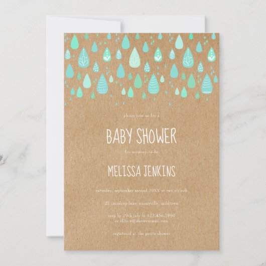 Invitation Cute Raindrops Baby shower Rustique Kraft Boho (Devant)