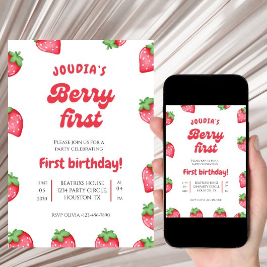 Invitation Cute Red Berry First Birthday Watercolor