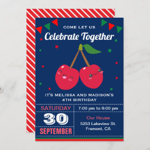 Invitation Cute Red Cherries Twins Anniversaire Fête Invitati