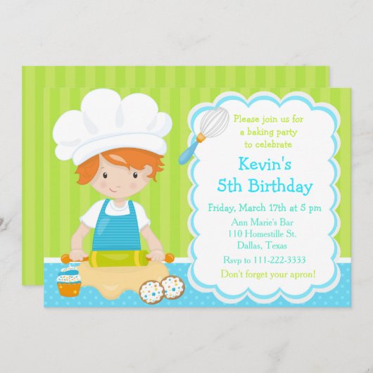 Invitation Cute Red Hair Boy Baking Anniversaire (Devant / Derrière)