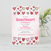 Invitation Cute Red Pink Hearths Valentine 1st Birthday  (Debout devant)