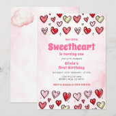Invitation Cute Red Pink Hearths Valentine 1st Birthday  (Devant / Derrière)