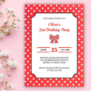 Invitation Cute Red Polka Dot Girl 2e fête d'anniversaire