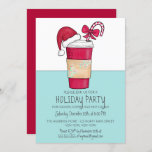 Invitation Cute Red Santa Hat Sucre de canne de café<br><div class="desc">Cette invitation de Noël, mignonne et artistique, est la meilleure façon de répandre l'esprit de fête. Il comprend une tasse à café couleur rouge, verte, blanche et noire dessinée à la main et peinte à la main avec une manche en papier décoratif, un casquette du Père Noël et un sucre...</div>