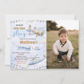 Invitation Cute Retro Blue Avion 1er Anniversaire Photo (Devant)