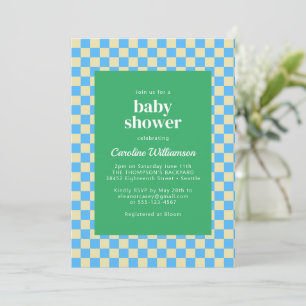 Invitation Cute Retro Checkerboard Blue Green Baby shower