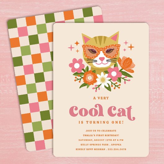 Invitation Cute Retro Floral Cool Chat Première fête d'annive