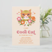 Invitation Cute Retro Floral Cool Fille Chat Fille Anniversai (Debout devant)