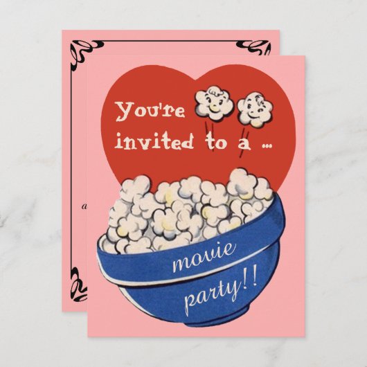 Invitation Cute Retro Popcorn et soirée cinéma Anniversaire (Devant / Derrière)