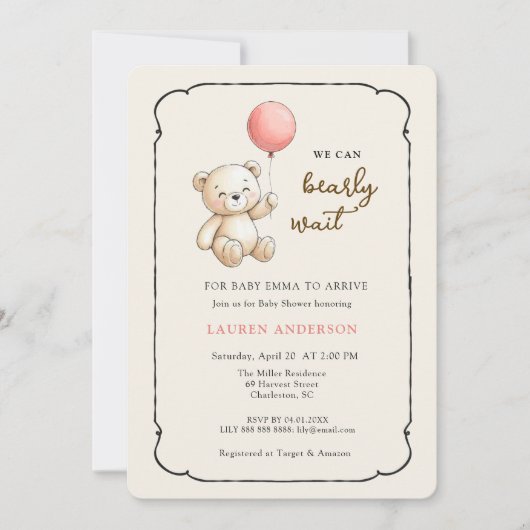 Invitation Cute Retro Teddy Bear, Girl Baby shower (Devant)