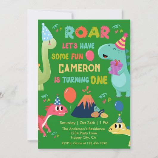 Invitation Cute Roar Dinosaur Amusez 1ère fête d'anniversaire (Devant)
