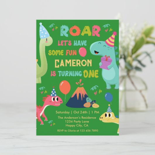 Invitation Cute Roar Dinosaur Amusez 1ère fête d'anniversaire (Debout devant)