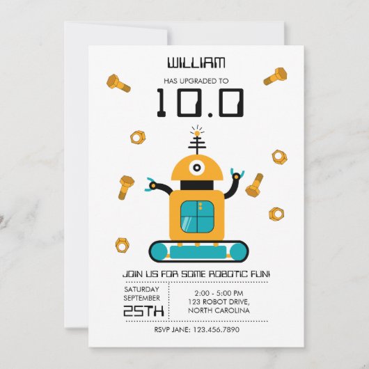 Invitation Cute Robot Jaune Thème Robots Enfants Fête d'anniv (Devant)