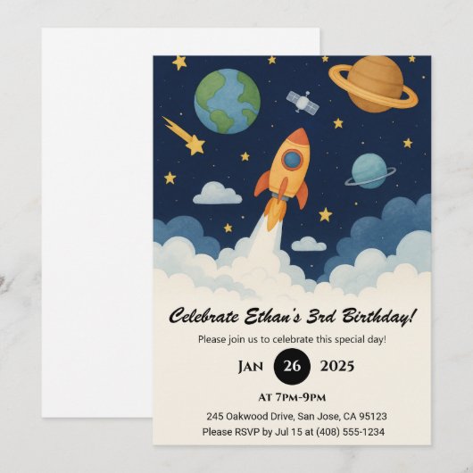 Invitation Cute Rocket & Planet Space Art Birthday  (Devant / Derrière)