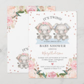 Invitation Cute rose bleu Floral Twin Elephants Baby shower (Devant / Derrière)