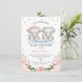 Invitation Cute rose bleu Floral Twin Elephants Baby shower (Debout devant)