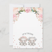 Invitation Cute rose bleu Floral Twin Elephants Baby shower (Dos)