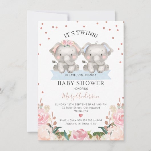 Invitation Cute rose bleu Floral Twin Elephants Baby shower (Devant)