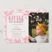Invitation Cute Rose Bow 1st Girl'Anniversaire (Devant / Derrière)