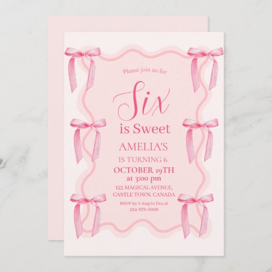 Invitation Cute rose Bow 6e anniversaire (Devant / Derrière)