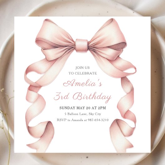 Invitation Cute Rose Bow Élégante Coquette Fille Anniversaire