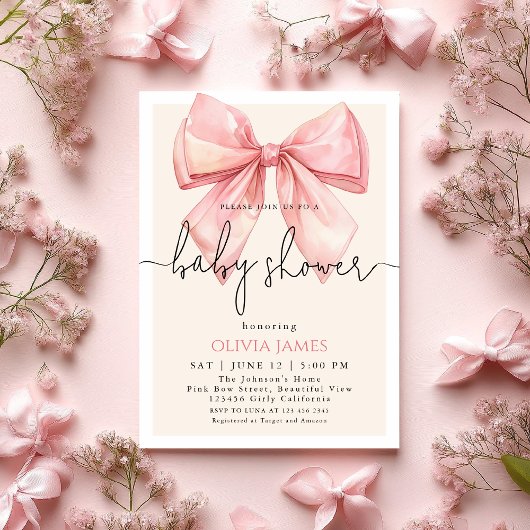 Invitation Cute Rose Bow Girl Baby Douche