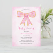Invitation Cute Rose Bow Gold Parties scintillant bébé fille (Debout devant)