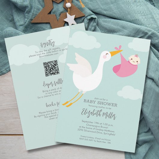 Invitation Cute rose Bundle Stork Girk Baby shower tout en un