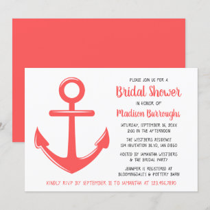Invitation Cute Rose Coral Ancre de bateau Fête des mariées n
